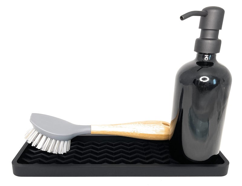Happitasa Silicone Kitchen Sink Organizer Tray, Sponge Holder and Countertop Protector | Bathroom and Kitchen Soap Dish and Dispenser Tray (Black, 12" x 4", 9.2 Ounces, Zigzag) - Image 2
